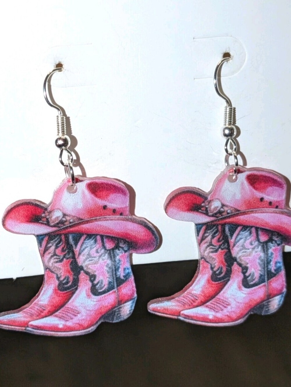 Hand Crafted Festive Western Pink Cowboy Boot and Hat Dangle Earrings